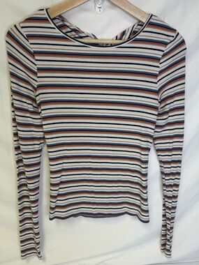 Hollister Striped Ribbed Long Sleeve Top in Cream, Navy, Rust, Light Blue